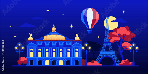 France at night - colorful flat design style illustration
