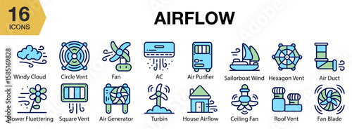 Airflow flat icon set. Includes airflow, air, ventilation, wind, breeze, and More. Flat icons vector collection.
