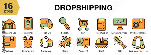 Dropshipping flat icon set. Includes dropshipping, ecommerce, online, store, and More. Flat icons vector collection.