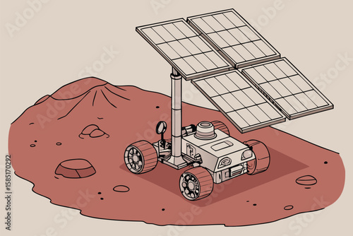 Illustration of a mars rover exploring the red planet with solar panels for power generation and exploration