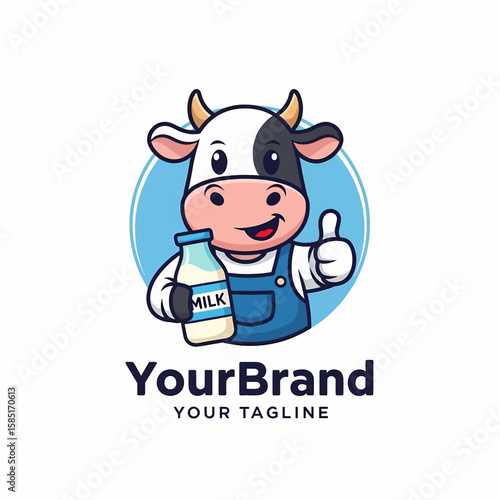 Adobe illustrator artwork of a cute and cheerful cow mascot logo with a thumbs-up, happily holding a milk bottle, perfect for dairy product or beverage branding