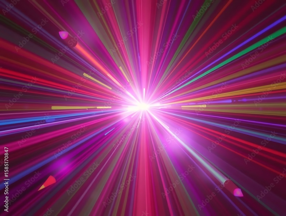 Fototapeta premium Vibrant burst of light streams outward in radiating spectrum pattern