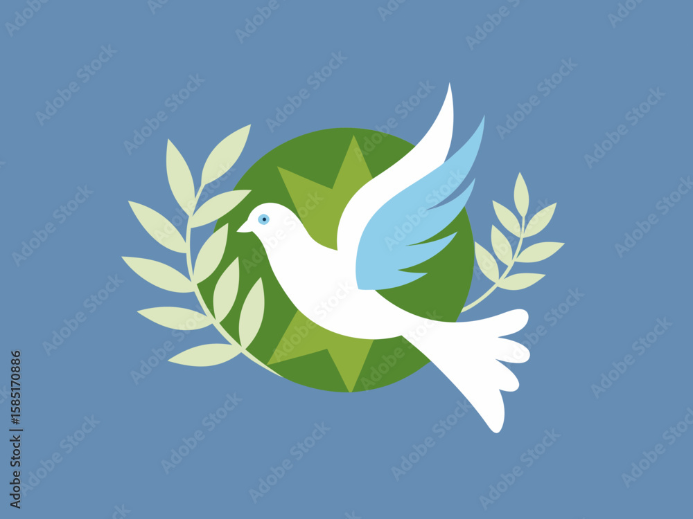 Fototapeta premium White dove with blue wings flies with olive branches and green circle