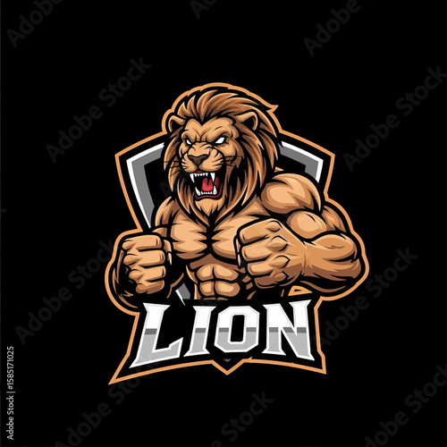 Adobe illustrator artwork of a majestic and powerful lion mascot logo with a fierce expression and muscular build, perfect for sports teams, e-sports gaming, or strong brand identities