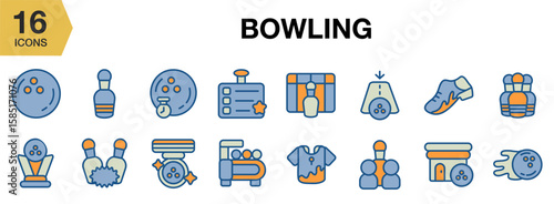 Bowling flat icon set. Includes bowling, ball, pin, sport, game, strike, and More. Flat icons vector collection.