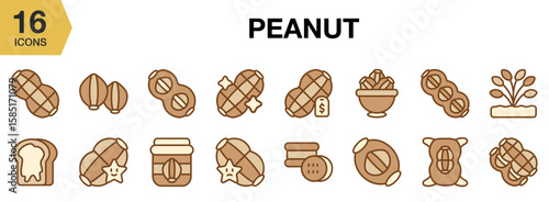 Peanut  flat icon set. Includes peanut, nut, food, snack, shell, and More. Flat icons vector collection.
