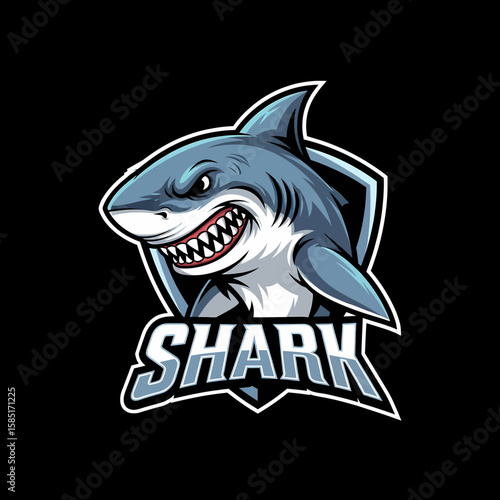Adobe illustrator artwork of a powerful, vibrant shark mascot logo with muscular arms and an aggressive expression, perfect for e-sports teams, gaming, or strong brand identity in aquatic themes