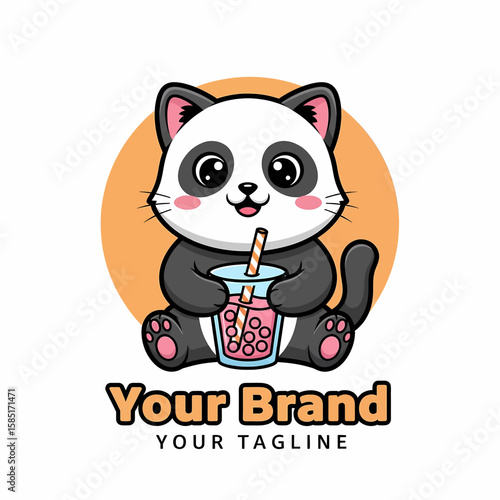 Adobe illustrator artwork of a cute and vibrant cat mascot logo character sitting and drinking bubble tea, perfect for playful branding related to beverages or dairy products