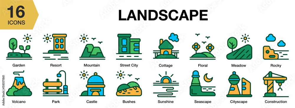 Obraz premium Landscaping flat icon set. Includes landscaping, garden, lawn, outdoor, and More. Flat icons vector collection.