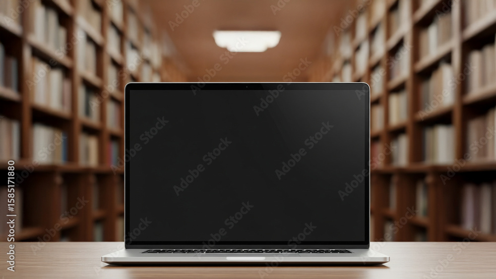 Fototapeta premium 図書館で使うノートPCのモックアップ：オーバーレイ用途の画面