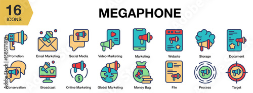 Megaphone flat icon set. Includes megaphone, speaker, loudspeaker, sound, and More. Flat icons vector collection.