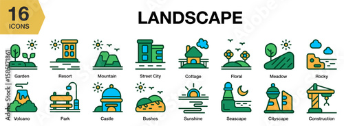 Landscaping flat icon set. Includes landscaping, garden, lawn, outdoor, and More. Flat icons vector collection.