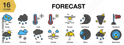 Forecast flat icon set. Includes forecast, weather, prediction, climate, and More. Flat icons vector collection.