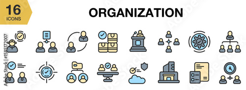 Organization flat icon set. Includes organization, structure, management, planning, and More. Flat icons vector collection.