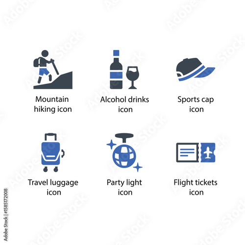 Mountain hiking, Alcohol drinks, Sports cap, Travel luggage, Party light, Flight tickets, icon