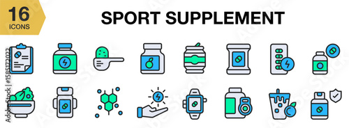 Sport Supplement flat icon set. Includes supplement, sport, fitness, protein, muscle, and More. Flat icons vector collection.