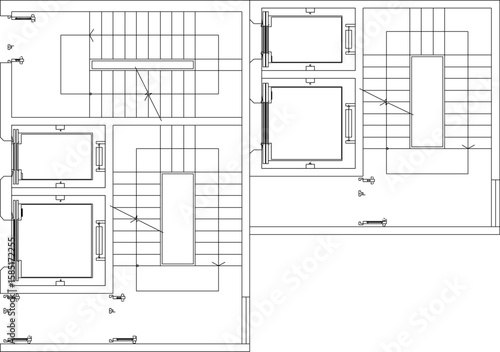 Vector sketch illustration of silhouette design of site plan layout of elevator and emergency stairs for hotel, mall and apartment