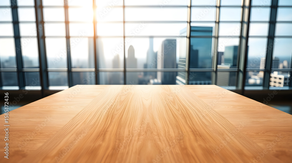 Fototapeta premium Modern office table with city skyline view