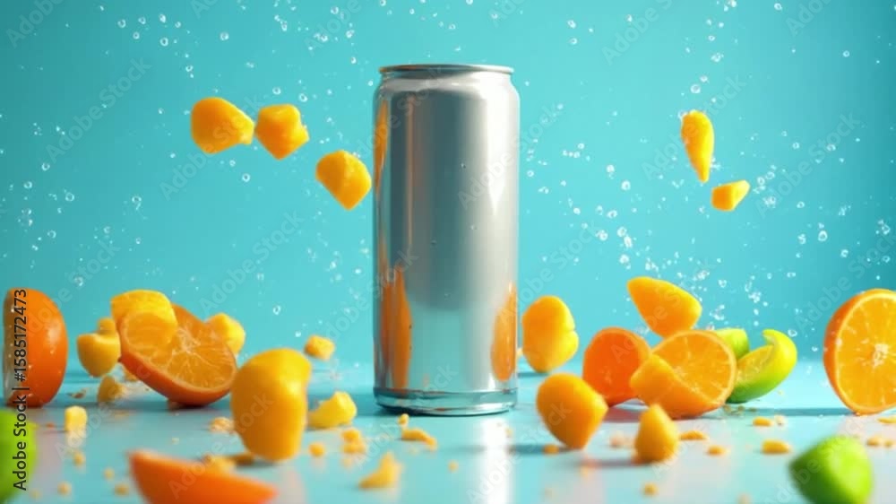 Refreshing drink presentation shows a soda can with citrus fruits splashing around