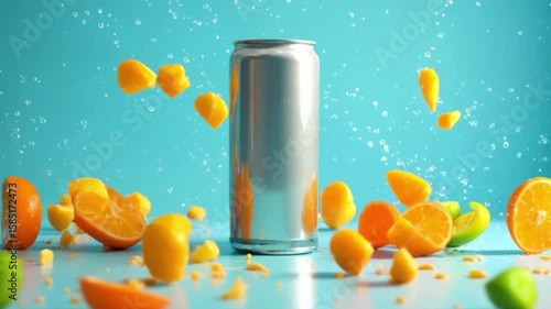 Refreshing drink presentation shows a soda can with citrus fruits splashing around