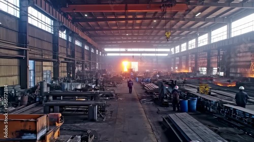 Busy steel factory floor with workers, sparks, and heavy machinery in industrial complex