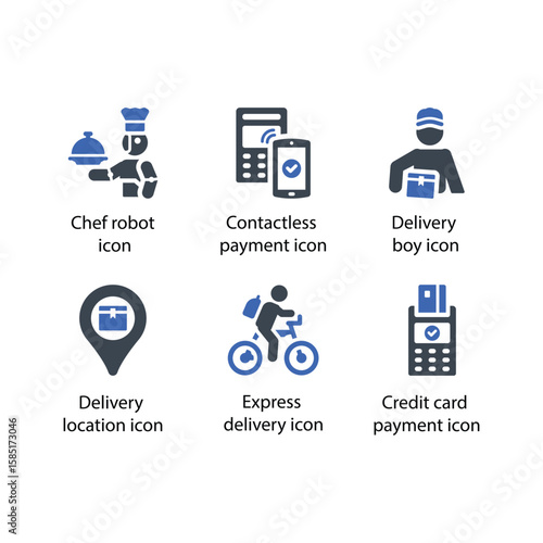 Chef robot, Contactless payment, Delivery Boy, Courier delivery, Delivery location, Express delivery, icon