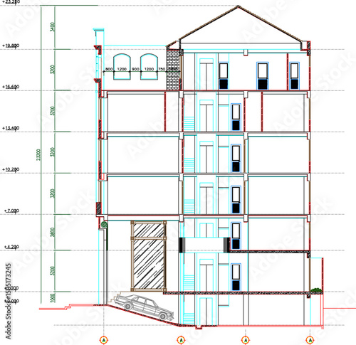 vector sketch illustration silhouette design detail section view facade of old classic vintage multi-storey apartment hotel building