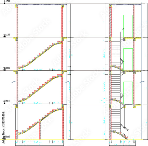 Vector sketch illustration silhouette design detail section view facade stairs of multi-storey apartment hotel building