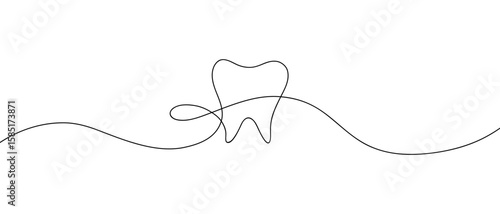 The tooth is hand-drawn in one continuous endless line on a white background, vector. Tooth icon, modern graphic illustration. An element for decoration, banner, poster of dentistry, medicine