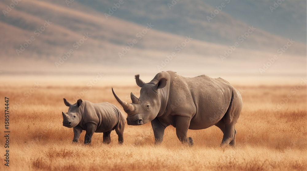 Fototapeta premium A mother rhinoceros and her calf walking together across the African grasslands under natural daylight, showcasing wildlife and maternal bond.