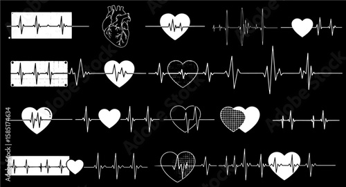 Diverse ECG Heartbeat Rhythms  Stylized Love Heart Vector Graphics Collection