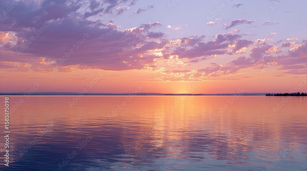 Fototapeta premium Serene Sunset Reflection Over Calm Water with Soft Pastel Colors and Subtle Cloud Formation