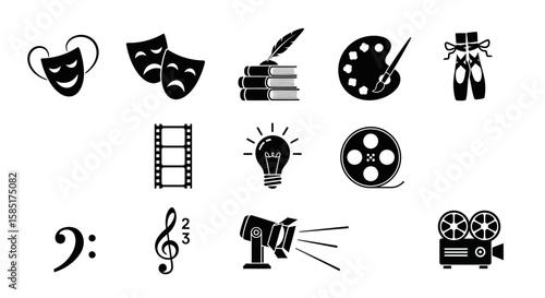 Arts and Culture Icons: A collection of twelve monochrome icons representing various art forms, including theatre, literature, painting, dance, cinema, and music.  Perfect for websites, presentations.