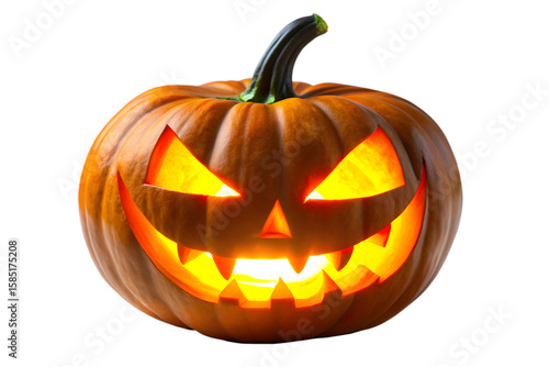 A classic carved halloween pumpkin with a scary face, glowing from within with warm light, isolated on a transparent background
