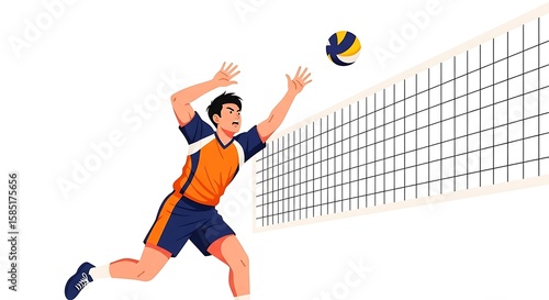 Volleyball Player Jump Serving Near Net in Orange and Blue Outfit