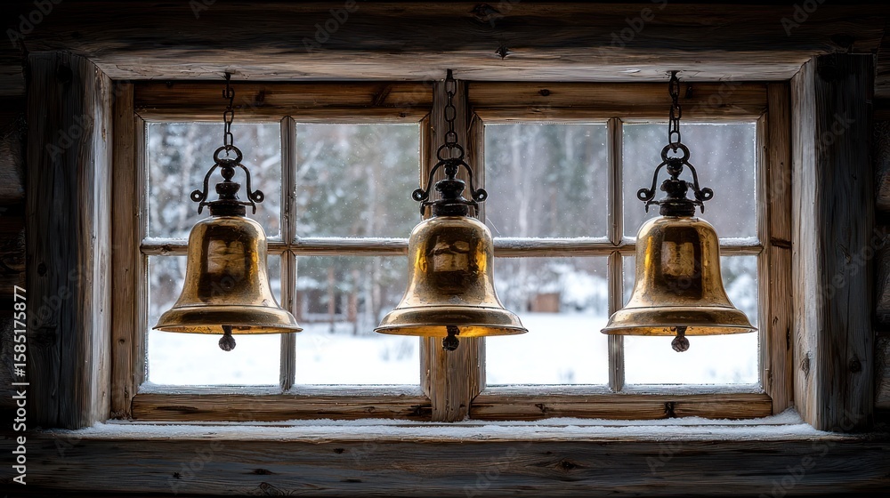 Obraz premium Three antique brass bells hang from a wooden window, framed by rustic, snow-covered, wooden beams. Winter scenery outside