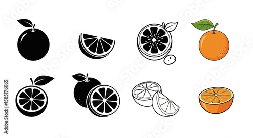 Freshly Cut Orange: A vibrant and appetizing set of illustrations depicting the different aspects of a refreshing and citrusy orange fruit, perfectly sliced, revealing the juicy interior.