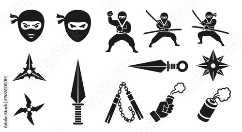Ninja Weaponry and Attire Icons: A set of iconic monochrome illustrations showcasing the weapons, attire, and symbols associated with the stealthy and mysterious world of the ninja.