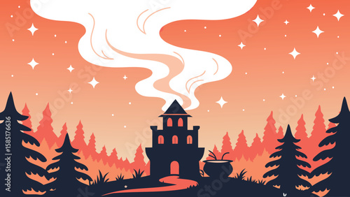 Silhouette of a spooky castle with smoke rising, surrounded by trees and a starry orange sky at night