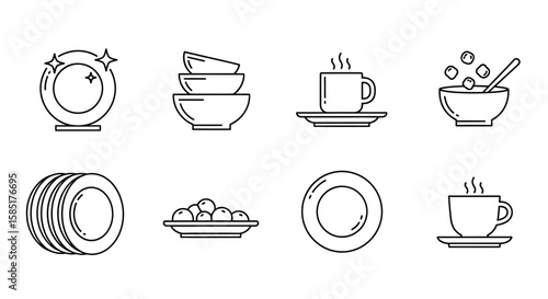 Minimalist Kitchenware Icons: A set of minimalist kitchenware icons. Crisp, clear lines define each object, perfect for representing cooking and dining.