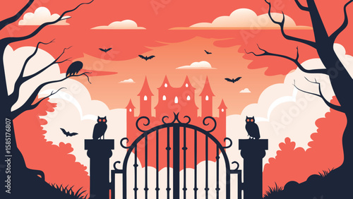 Spooky halloween scene with castle gate owls and bats under a cloudy orange sky landscape view