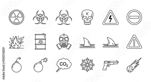 Hazards and Warnings: A collection of essential safety symbols and hazard warnings in a clean, modern design, providing clear communication of potential dangers. 