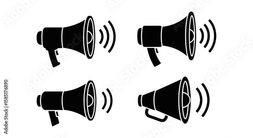 Megaphone Icons: A set of bold black megaphone icons, each emitting sound waves, creating a visually striking representation of announcement.