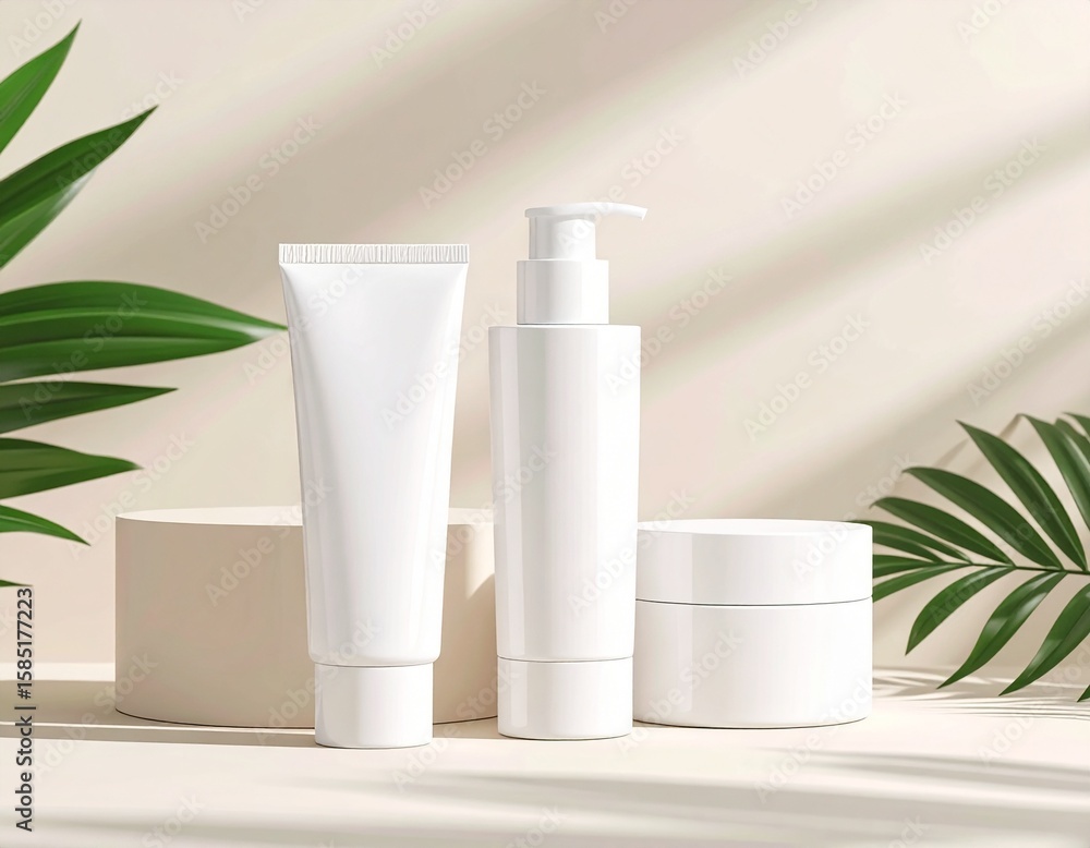 Maqueta de envase cosmético blanco (crema o loción), sobre fondo beige claro, estilo limpio, sombras suaves, ideal para publicidad. Ilustración
