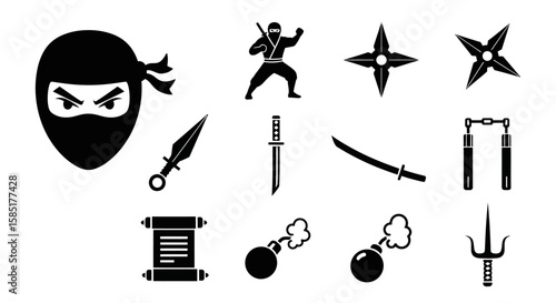 Stealthy Warrior Arsenal: A collection of meticulously crafted ninja icons and weapons. Illustrated in detailed black and white, ready to strike from shadows, exuding an aura of mystery and strength.