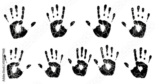 Cracked Handprints: A set of eight handprints, each exhibiting a cracked texture and a heart-shaped void in the center, arranged in a grid pattern.