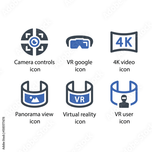 Camera controls, VR google, 4K video, Panorama view, Virtual reality, VR user, icon