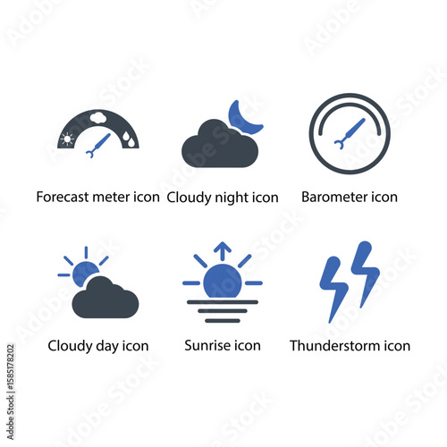 Forecast meter, Cloudy night, Barometer, Cloudy day, Sunrise, Thunderstorm, icon