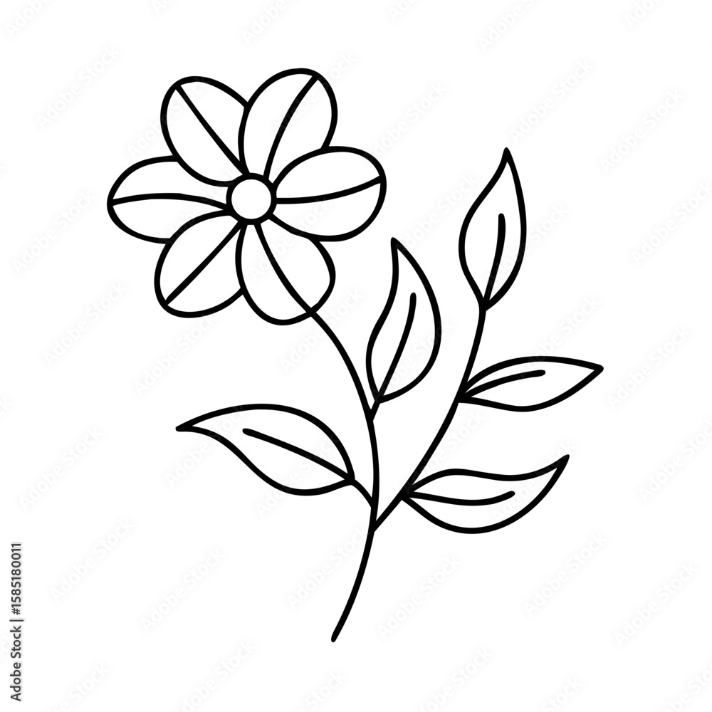 Fototapeta premium Hand-drawn flower with stem and leaves in black outline style