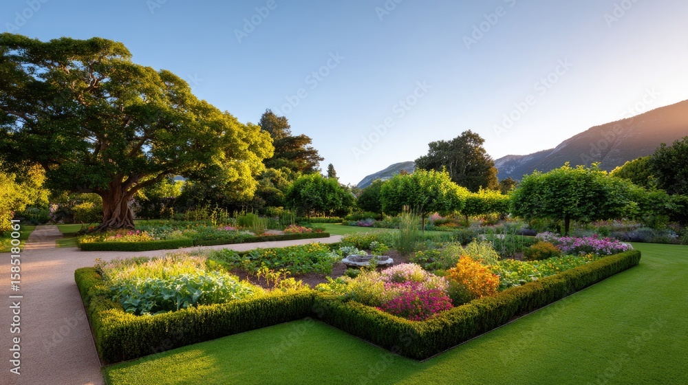 Obraz premium Serene Garden Landscape with Vibrant Flowers, Lush Greenery, and Majestic Trees at Sunset in a Tranquil Setting